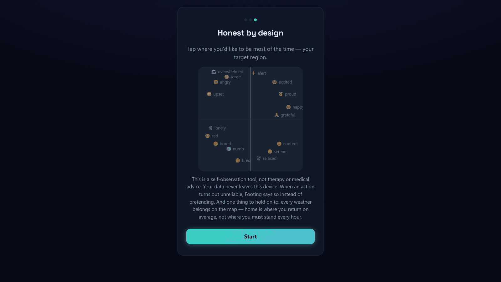 Onboarding slide stating the app is a self-observation tool and that data stays on device