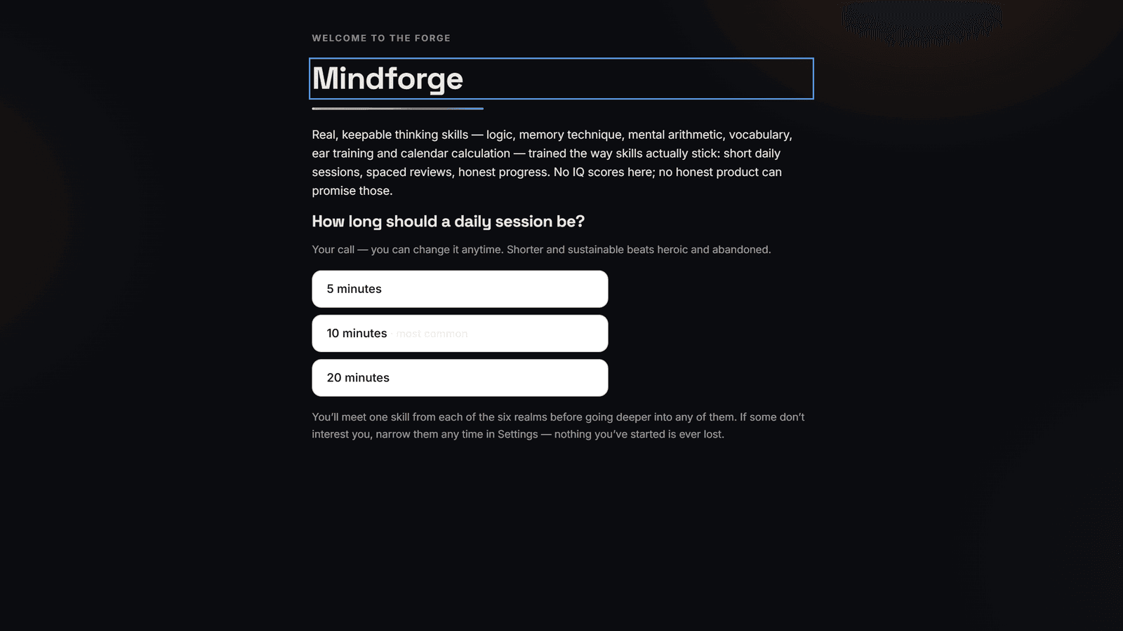 Mindforge asking how long a daily session should be