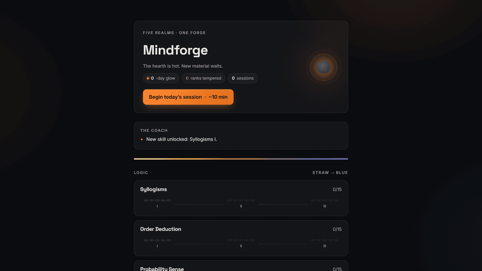 The forge home screen with skill ranks and streak